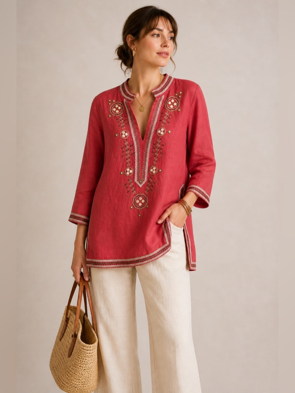VTG Old Navy Embroidered Linen Tunic Top | Boho Ethnic Blouse | Artisan Detail